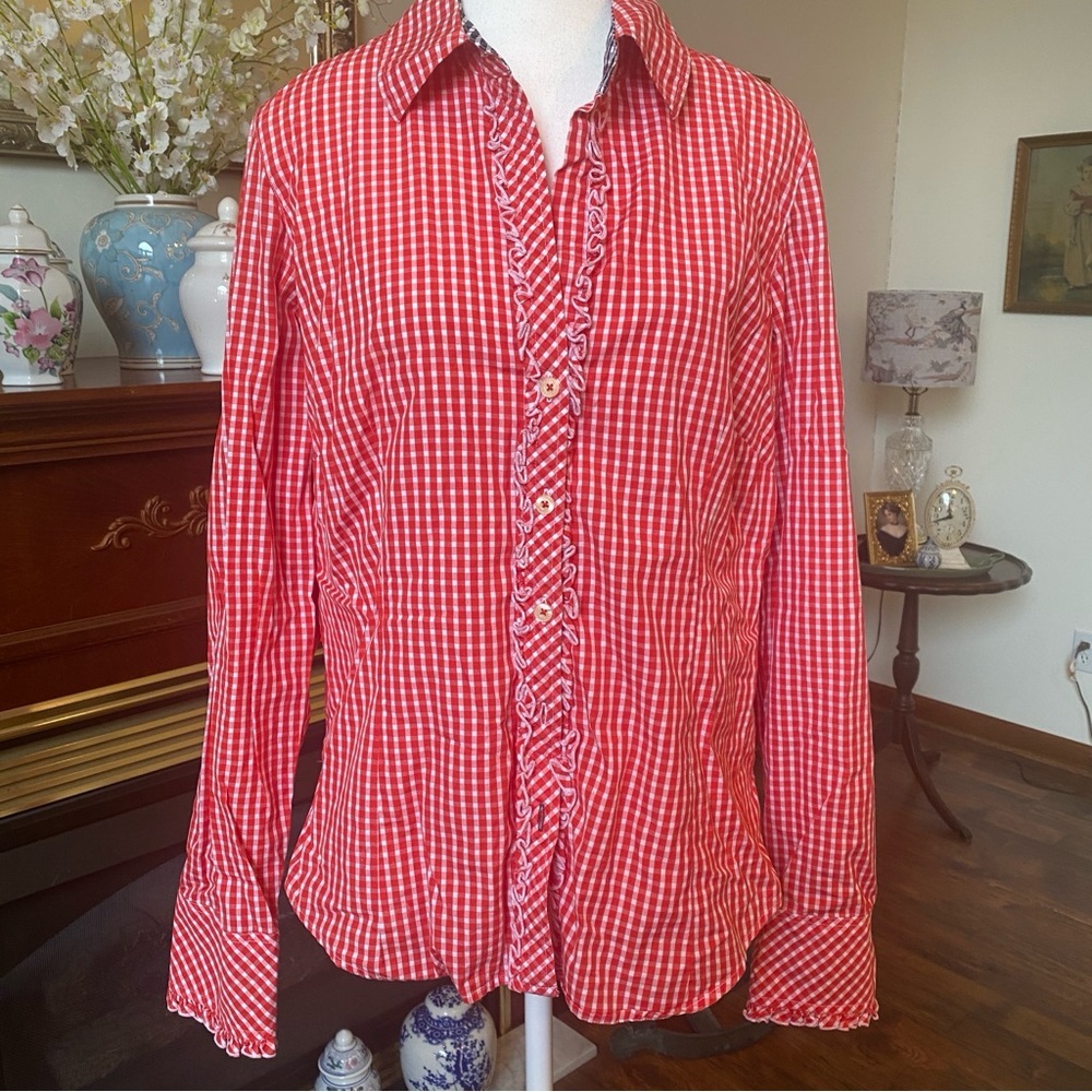 Lilly Pulitzer Red & White Preppy Gingham Ruffle Button Down Shirt Size 12